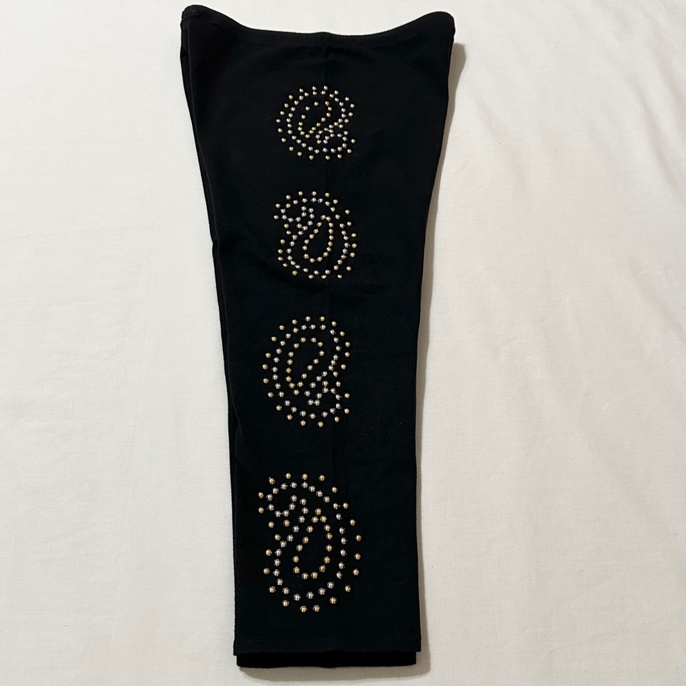 Vintage Helios Sock Hop Black Leggings, Silver/Gold Studded Paisley Design - OS